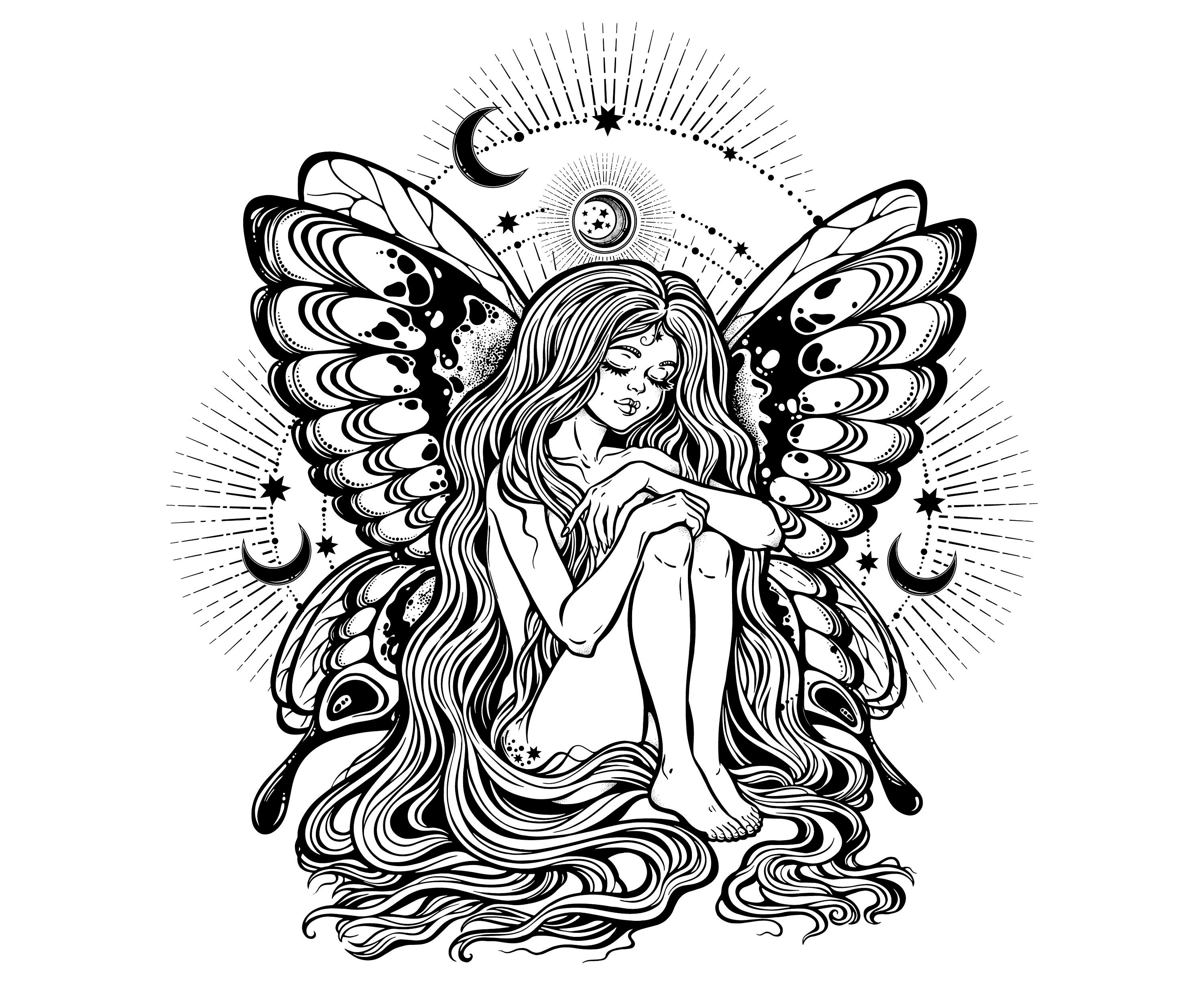 Download Fairy Butterfly Girl Moon Mandala Zentangle | Etsy