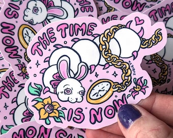 The Time Is Now: Trippy Rabbit Sticker Psychedelic  White Bunny Art 7 cm Weird Stickers by Zubieta