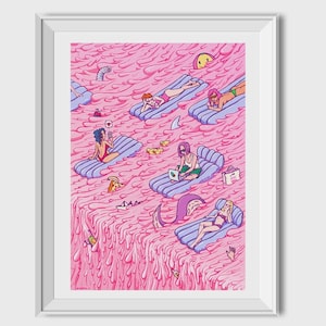 May include: A digital illustration depicting people relaxing on inflatable rafts in a pink, gooey substance. The people are using their phones, laptops, and reading books. There are also some small sharks and other objects floating in the goo.