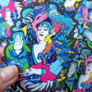 Psychedelic Mushroom Surreal vinyl Sticker di Zubieta / Nature goddess Trippy Art