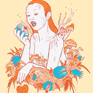 Persephone Eating Pomegranates . Giclée pop surreal art print about the  greek goddess of Autumn Persefone with psychedelic fruits.