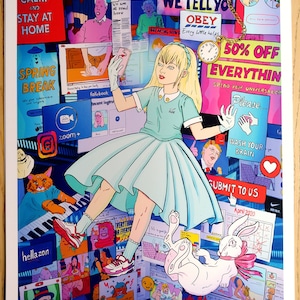 Down the Rabbit Hole, Alice in Lockdown II: limitowana edycja giclee art print, lowbrow art, pop surrealistyczna ilustracja. Alicja w Krainie Czarów