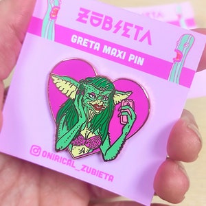 Greta the Gremlin Maxi Pin, Hard enamel rose gold pin, girls in horror, love pin, selfie, am I pretty? glitter pin