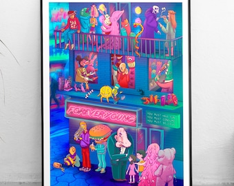 The Club, limited edition giclee art print, lowbrow art pop surrealism illustration, cartoon portrait of a party night out