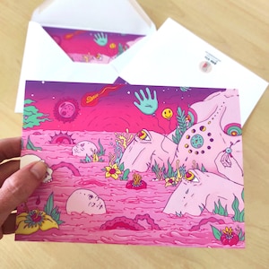 Narodziny I, kartka z pozdrowieniami dla psychodelicznych nowych mam | surrealistyczna ilustracja o płodności i kobiecości | Odlotowa kartka z okazji narodzin noworodka | Ciąża