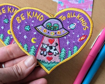Be Kind Alien Abduction Embroidered Patch: Indie Heart Accessory