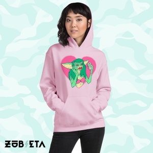 Greta the Gremlin cosy pink hoodie, organic cotton, horror girl tribute for 80s and 90s movies lovers