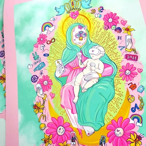 May include: A digital art print featuring a cartoon depiction of the Virgin Mary holding a baby Jesus. The Virgin Mary is wearing a green and pink robe and a crown. The baby Jesus is wearing a white robe and a VR headset. The background is a green and pink gradient with various symbols and icons related to social media and technology.