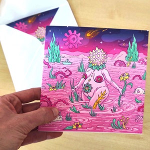 Nascita, Biglietto d'auguri per nuove mamme psichedeliche / illustrazione surreale su fertilità e femminilità / Biglietto per bambini appena nato Trippy / Gravidanza