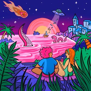 May include: A pink and purple sunset over a pink ocean with a green octopus, a flying saucer, and two people sitting on a rock. The people are wearing blue and green clothing and are looking at the sunset.