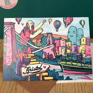 Bristol Creatures Greeting Card 2. Suspension Bridge and Goram de Giant by Avon river.