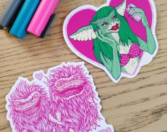 Monsters stickers PACK Gremlins greta and The Critters pink , cute and weird, for horror girls and nerd lovers