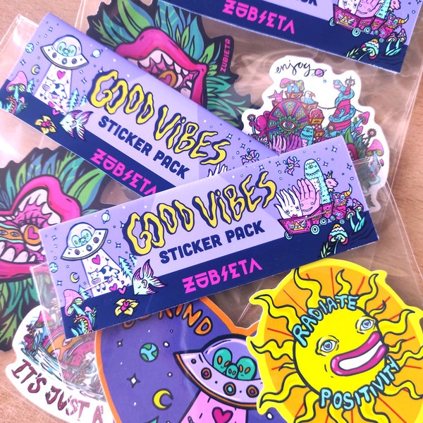 Groovy Surreal vinyl Sticker pack | Good Vibes Tropical Psychedelic Awesome Stickers by Zubieta