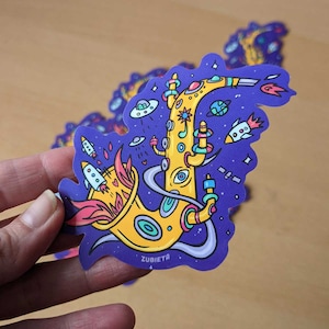 Space Sax surreal Vinyl Sticker, arte musical de Zubieta / Pegatina de saxofonista / Trippy arte inspirado en la música