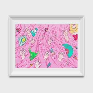 90s Nostalgia and slime. Toys and memories in a pink waterfall. Psychedelic pop surrealist lowbrow giclee art print, wall art, decor
