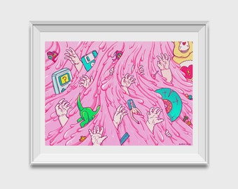 Nostalgie et slime des années 90. Jouets et souvenirs dans une cascade rose. Impression d'art giclée lowbrow pop psychédélique surréaliste, art mural, décor