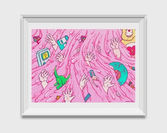 90s Nostalgia and slime. Toys and memories in a pink waterfall. Psychedelic pop surrealist lowbrow giclee art print, wall art, decor