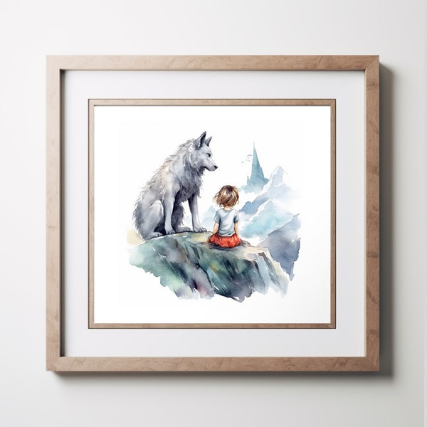 Adventurous Nursery Artwork: Little Girl & her Direwolf, Printable Wall Art, Nursery Wall Decor, Watercolor Painting, Print, Nursery Art