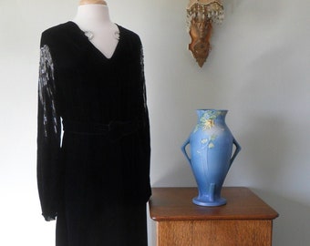 Stunning 1930s Black Rayon Velvet Evening Dress |  Rhinestone details at neck and in sleeves