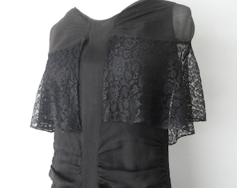 Authentic 1930s "Little Black Dress" in Silk Chiffon |  Gathers at drop waist, lace capelet, full skirt for twirling!