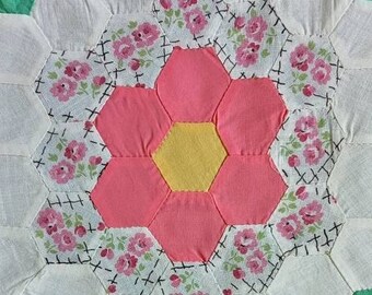 4 / 1930s Grama's Flower Garden Quilt Blocks | Handmade, hand pieced, hand sewn