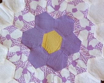 4 / 1930s Grama's Flower Garden Quilt Blocks | Handmade, hand pieced, hand sewn