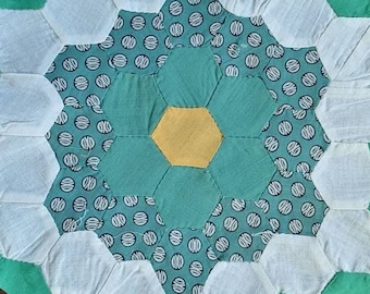 4 / 1930s Grama's Flower Garden Quilt Blocks | Handmade, hand pieced, hand sewn