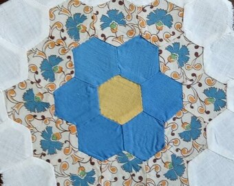 4 / 1930s Grama's Flower Garden Quilt Blocks | Handmade, hand pieced, hand sewn