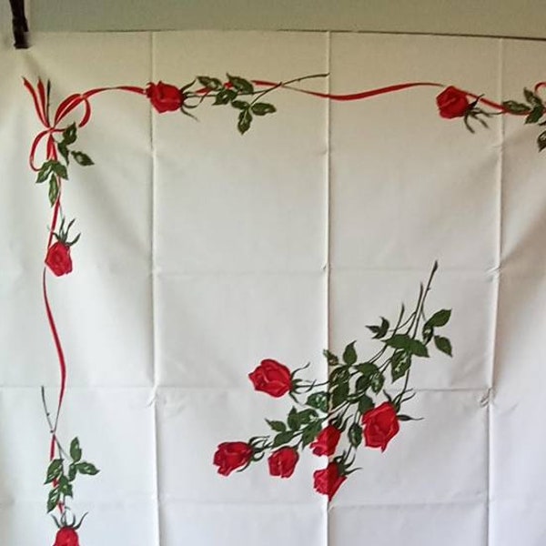 Gorgeous 1950s California Handprints Tablecloth |  Crisp reds and greens against creamy white!