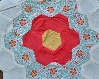 4 / 1930s Grama's Flower Garden Quilt Blocks | Handmade, hand pieced, hand sewn