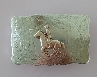 1960s Irvine and Jachens German Silver Western Belt Buckle | Ranch horse motif in brass overlay