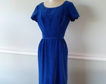 Late 1960s - 1970s Dress in Blue Velvet | Simple, elegant dress with scallops at sleeve cuffs and hem