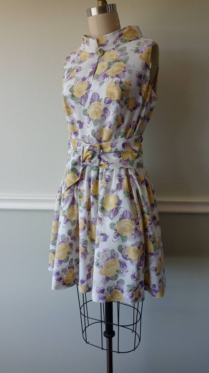 Vintage 60s Cloud Print Dress, 70s Sleeveless Summer Dress M main image 1