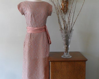 1960s Cocktail Dress with Satin Sash |  Lace over taffetta