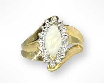 Vintage 10k Gold Marquise Opal Diamond Halo Ring Size 5.75