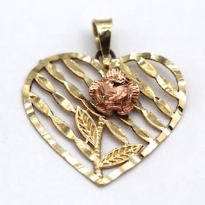 10K Yellow and Rose Gold Heart and Rose Pendant
