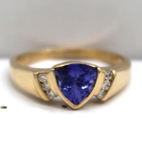 14K Gold Trillion Cut Tanzanite and Diamond Ring … - image 1