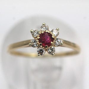 14K Yellow Gold Ruby and Diamond Cluster Ring size 9