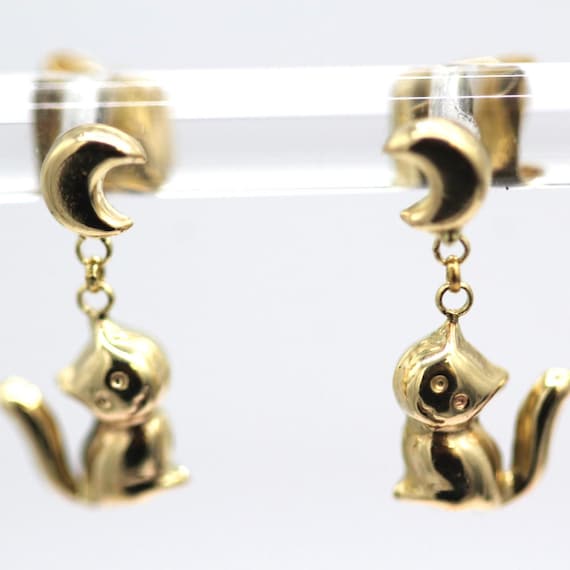 14k Yellow Gold Cat and Moon Dangle Earrings
