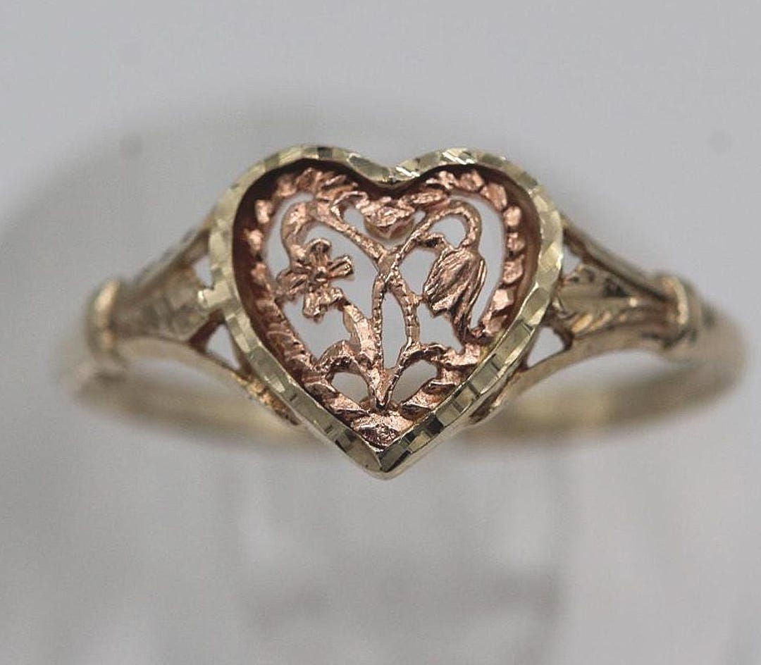 10K Two-tone Gold Filigree Flowered Heart Ring Size 6.75 - Etsy