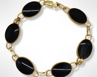 Pulsera vintage de oro de 14 quilates con cabujón de ónix negro (18 cm)