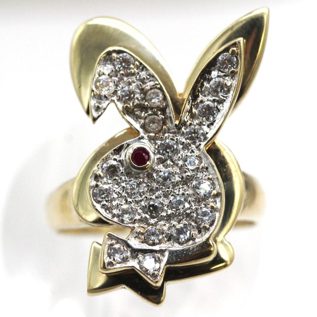 14k Yellow Gold PLAYBOY BUNNY CZ Encrusted W/ Ruby Eye Ring Size