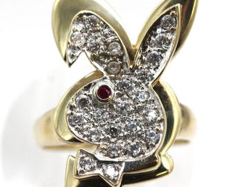 14k Yellow Gold PLAYBOY BUNNY CZ Encrusted W/ Ruby Eye Ring Size