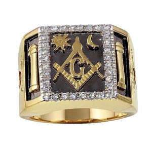 Fancy 14k Gold Over Solid 925 Sterling Silver Men&#39;s Masonic Ring Sizes 10-12