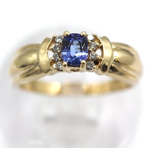 14k Yellow Gold Vintage Blue Tanzanite and Diamond Ring Size 7.5