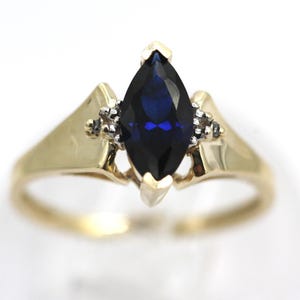 10k Yellow Gold Marquise Cut Blue Sapphire and Diamond Ring Size 6.5