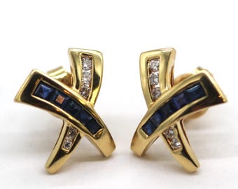 14k Yellow Gold Diamond and Sapphire x- Shaped Stud Earrings