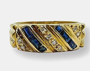 18k Gold Vintage Sapphire and Diamond Bezel Ring Size 8.75