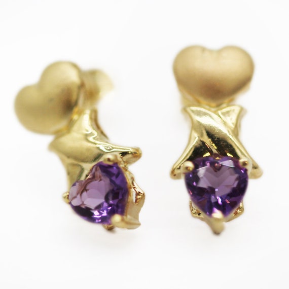14K Gold Amethyst Heart Earrings - image 2