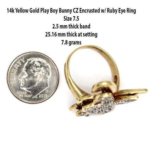14k Yellow Gold PLAYBOY BUNNY CZ Encrusted W/ Ruby Eye Ring Size